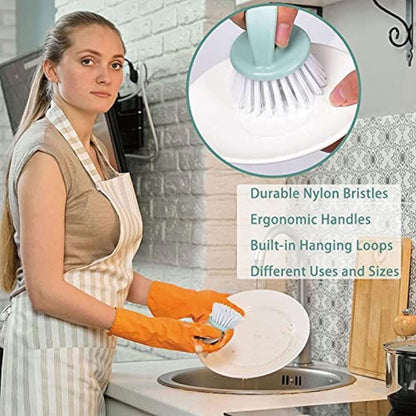 Dish Brush with Handle, Kitchen Dish Scrub Brush Set, 4-Piece Kitchen Cleaning Brush Set for Pots and Bottles, Nordic Green