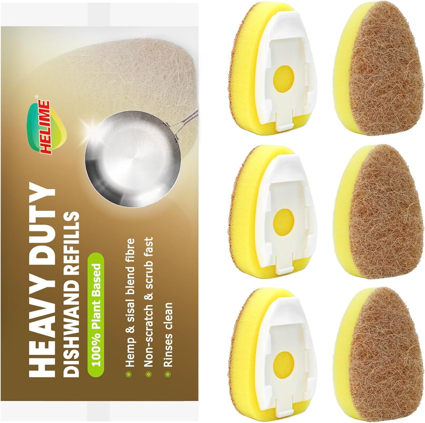 HELIME Natural Dishwand Refills Sponge, Non Scratch Dish Wand Sisal Hemp Replacement Brush Head, Plant Based Heavy Duty Scrubber Dispenser, Dishwashing Cleaning Supplies for Kitchen Sink Dishwash Tool