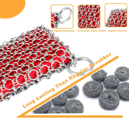 TEZZ Cast Iron Scrubber, Skillet Chainmail Scrubber for Cast Iron Pan - Chain Mail Scrubber Cast Iron Sponge - Metal Scrubber Cast Iron Skillet Cleaner, Wok, Frying Pans, Dutch Oven Cleaning Scrubber