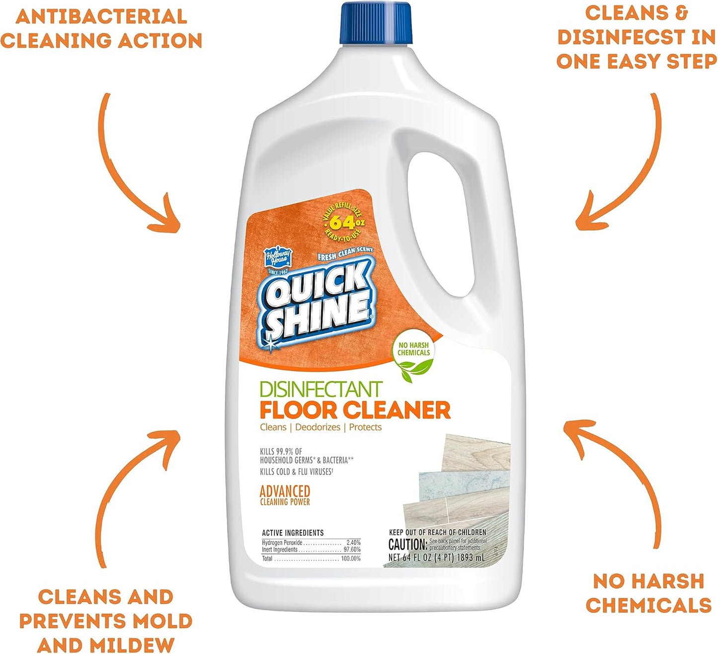 Quick Shine Disinfectant Floor Cleaner 27oz | Hospital Level Disinfectant Kills 99.9% Germs & Bacteria | Cleans w/Power of Hydrogen Peroxide & No Harsh Chemicals | Streak Free & Zero Residue