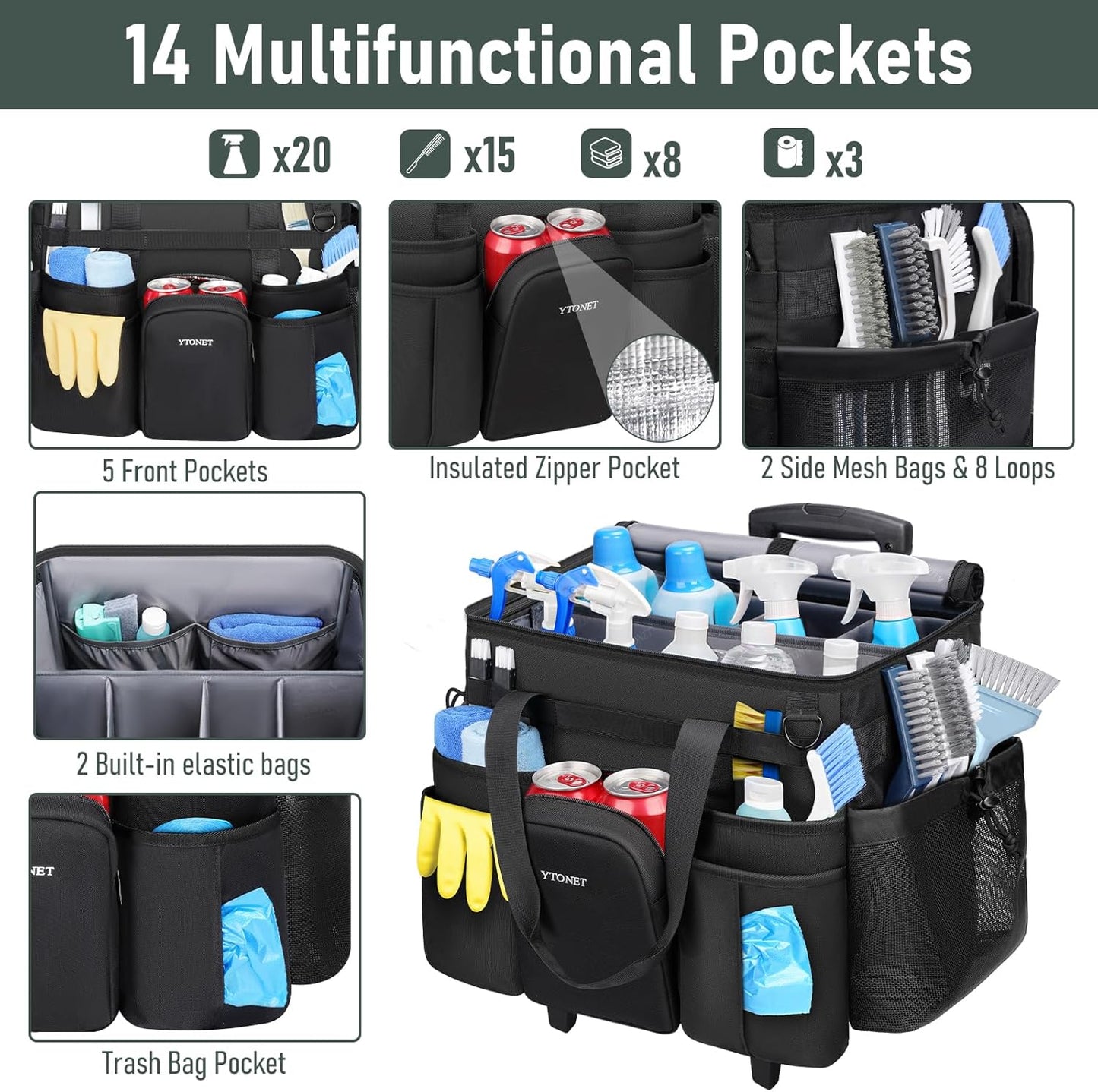 Ytonet Cleaning Caddy with Wheels, Extra Large Rolling Cleaning Caddy Bag with Detachable Trolley for Housekeepers, Water Resistant Cleaner Supplies Organizer with Wheels for Kitchen, Tool Organizer
