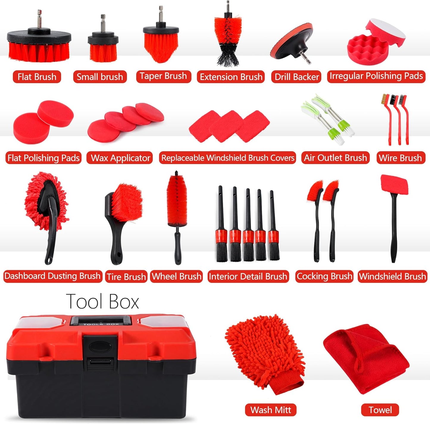 35Pcs Car Detailing Kit & Car Cleaning Kit – Windshield Tool, Long Wheel Brush & 2 Angled Brushes, 4 Polishing Pads & 4 Wax Pads – Red Tool Box – Gift for Men (B：35PCS-R)