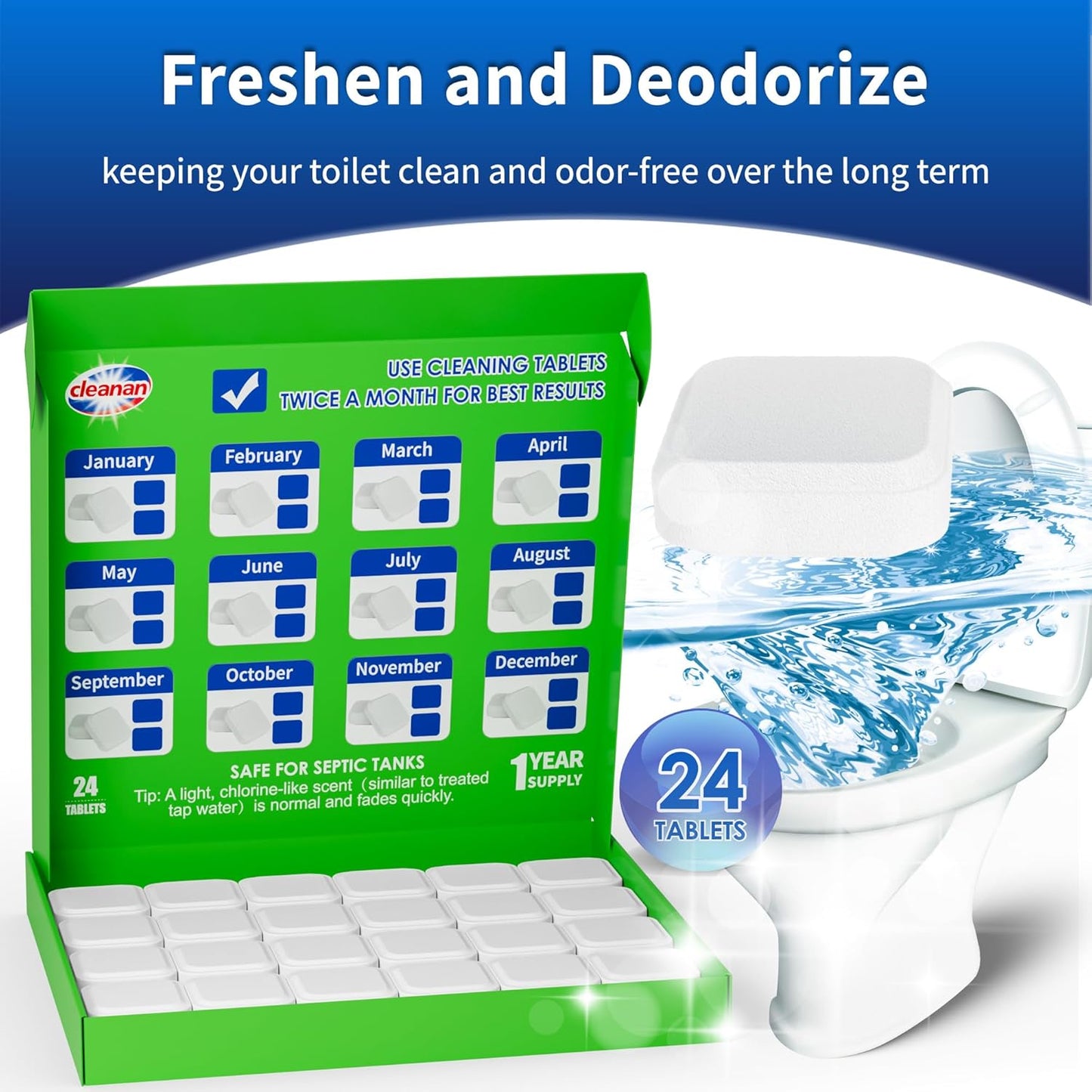 Toilet Bowl Cleaner Tablets, Leaves Bowl Sanitary, Freshens, Deodorizes, Descales & Repels Tough Stains, Helps Prevent Limescale Buildup, Safe for Septic Tanks, 24 Pack 1 Year Supply