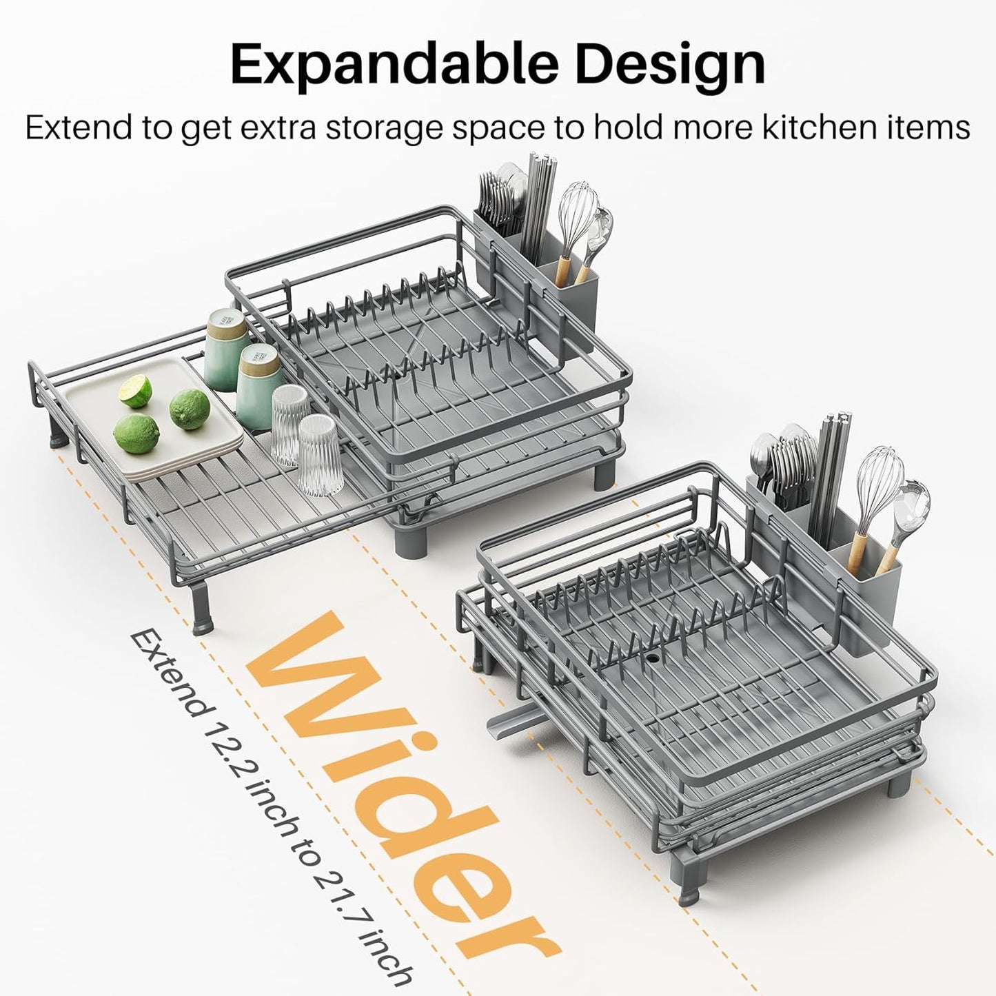SNTD Dish Drying Rack - Extendable Dish Rack, Large Sink Drying Dish Drainer for Kitchen Counter, Stainless Steel Dish Strainer with Utensil Holder (Black)