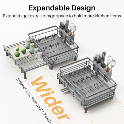 SNTD Dish Drying Rack - Extendable Dish Rack, Large Sink Drying Dish Drainer for Kitchen Counter, Stainless Steel Dish Strainer with Utensil Holder (Black)