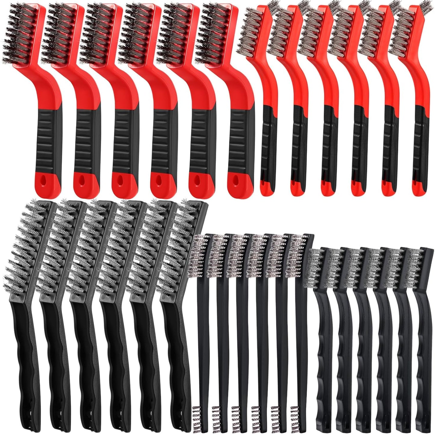 Sumind 30 Pcs Wire Cleaning Brush Set Nylon/ Stainless Steel/ Brass Metal Brush with Curved Handle Grip Paint Remover for Cleaning Rust Grout Cleaner (Nylon, Brass, Stainless Steel)