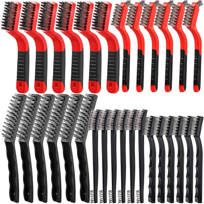 Sumind 30 Pcs Wire Cleaning Brush Set Nylon/ Stainless Steel/ Brass Metal Brush with Curved Handle Grip Paint Remover for Cleaning Rust Grout Cleaner (Nylon, Brass, Stainless Steel)