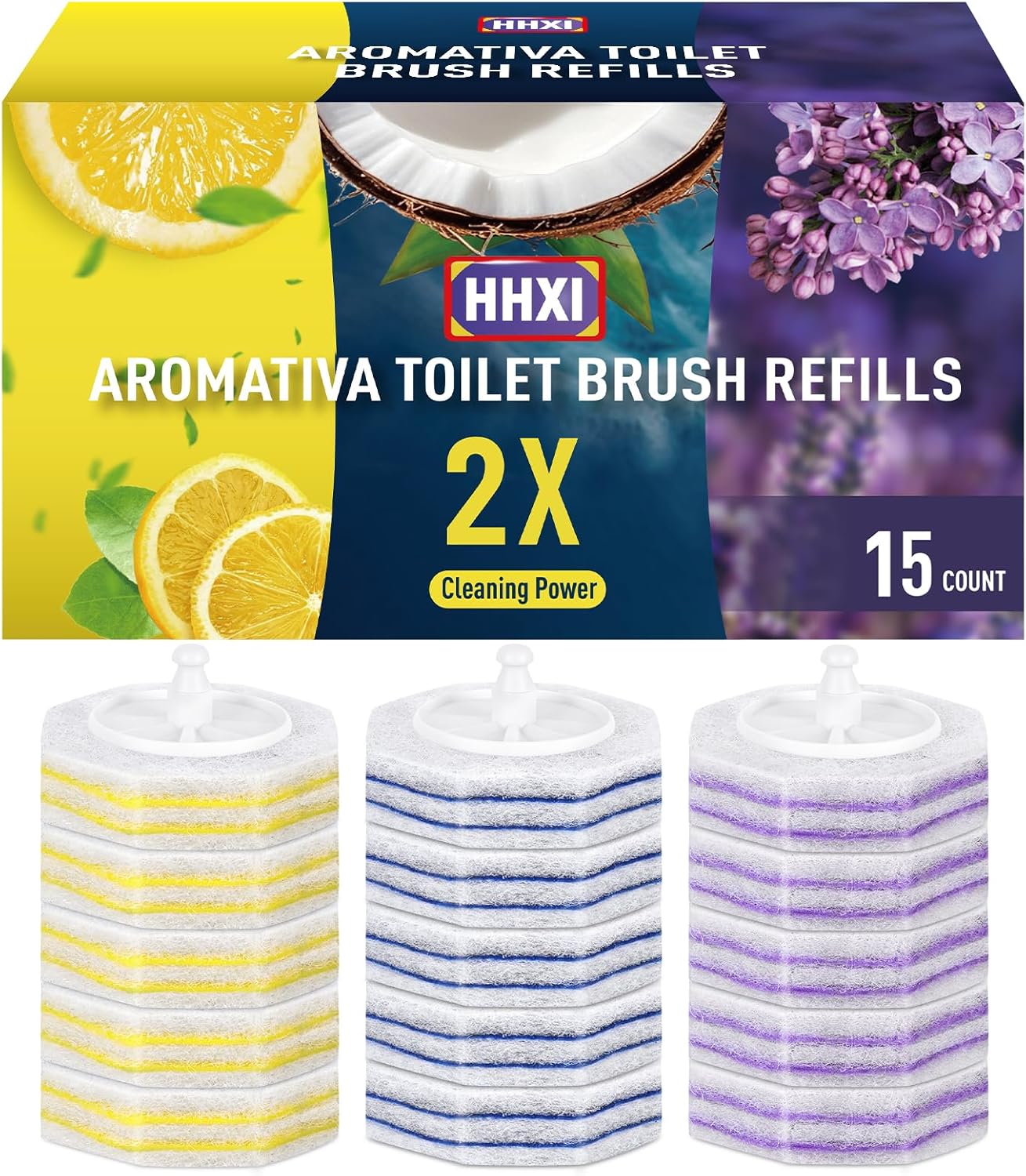 15Ct Aromative Toilet Brush Refills, Toilet Bowl Cleaner Refills, Double-Layer Cleaning Pads Added, Disposable Refill Heads for Toilet Bowl Cleaner Wands，Lemon, Blue Ocean, Lavender （Patented）