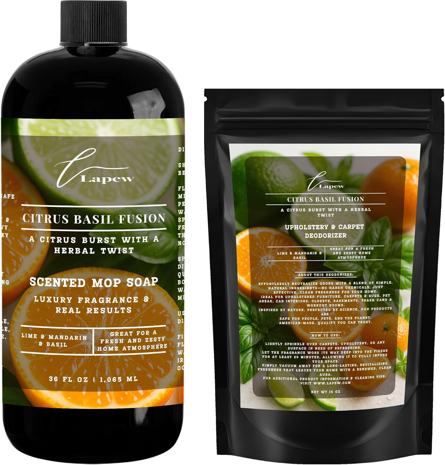 Lapew Black Sea Scented Cleaning Bundle | Carpet Deodorizer Powder (16 oz) & Mop Soap Concentrate (36 oz) | Pet-Friendly Odor Eliminator - Colors A