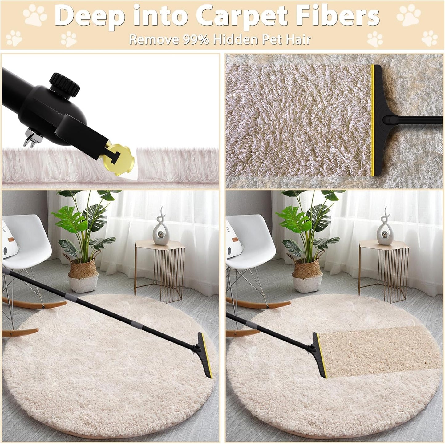 B-Land Carpet Rake for Pet Hair Removal, Reusable Pet Hair Remover with 60” Adjustable Long Handle, Carpet Scraper Dog Cat Hair Remover Tool for Rugs, Mats
