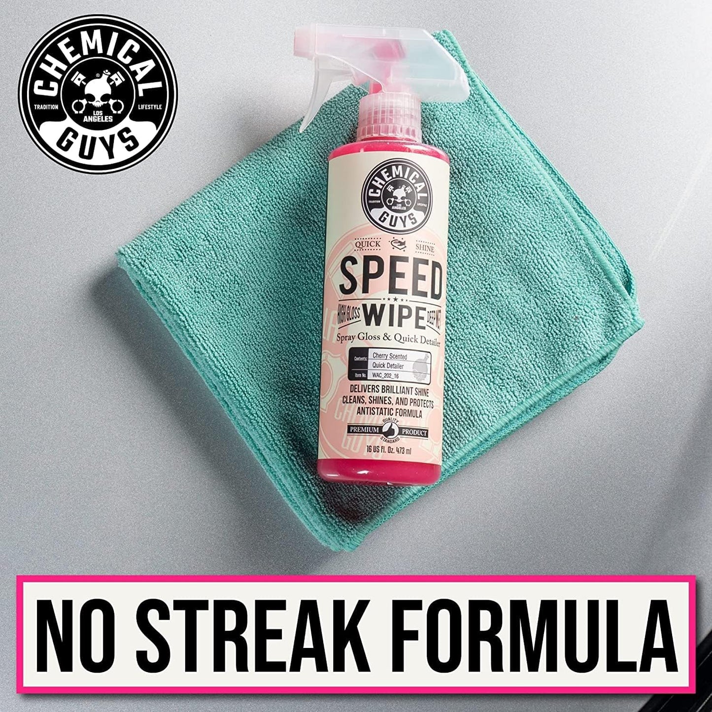 Chemical Guys Speed Wipe Quick Detailer - High Gloss, Streak-Free Shine, Detail Spray for Cars, Trucks, Motorcycles, RVs, and More, Safe on Paint, Glass, Wheels, and Trim, Cherry Scent, 16 fl oz