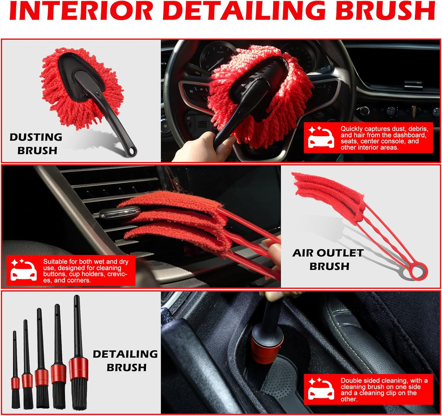 10Pcs Interior Detailing Brush Set, Car Vent & Dashboard Cleaner Kit with Microfiber Towel, Storage Bag (10PCS)