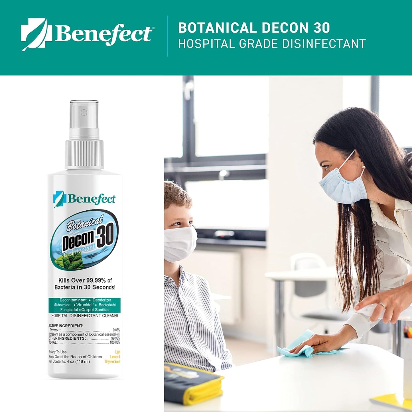 Benefect Botanical Decon 30 Disinfectant Cleaner, 4 oz. Spray Bottle, Light Lemon & Thyme Scent, Hospital Grade Disinfectant, Kills Over 99.99% of Germs, Safe for Food-Contact Surfaces (Pack of 4)