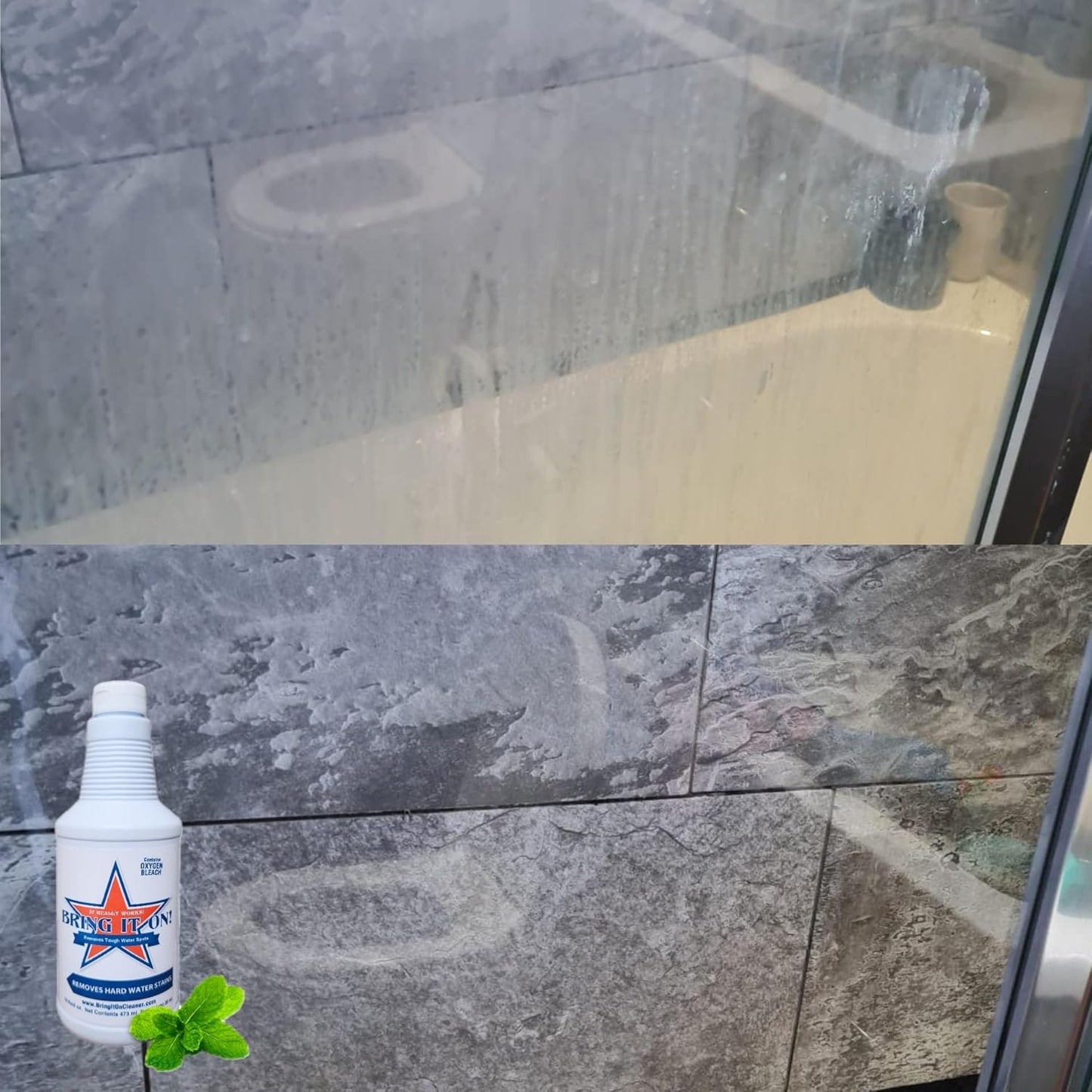 Bring It On Cleaner Hard Water Stain Remover 16 oz | Glass, Soap Scum Remover for Shower Glass, Fiberglass, Windows, Tile and Grout Cleaner, and Includes Scrubbing Drill Pads