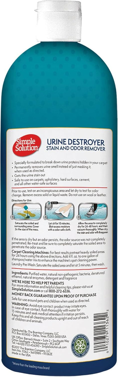 Simple Solution Urine Destroyer, Enzymatic Cleaner and Urine Odor Eliminator, Pet Stain Remover, Dog Pee Stain Destroyer, Cat Urine Neutralizer, Carpet Cleaner, Rug Deodorizer, Spot Cleaner, 1 Gallon