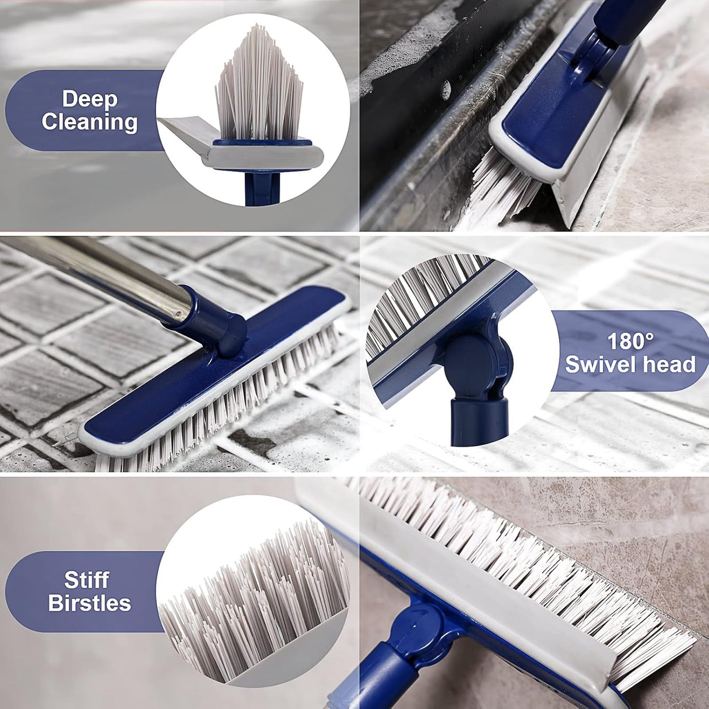 2 in 1 Floor Scrub Brush Grout Brush with 57.8" Long Handle,120°Rotatable Shower Tile Grout Cleaner Scrubber,V-Shaped Corner Brush for Hard to Reach Areas (Orange)