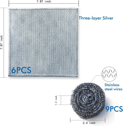 15 Pack， Includes 9PCS Stainless Steel Scrubber and 6PCS Non Scratch Wire Dishcloth for Cleaning Dishes, Pans, Pots, Ovens, Grills, Sinks