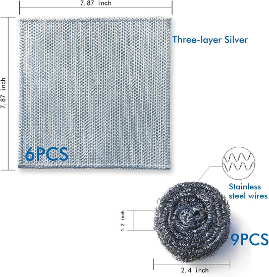 15 Pack， Includes 9PCS Stainless Steel Scrubber and 6PCS Non Scratch Wire Dishcloth for Cleaning Dishes, Pans, Pots, Ovens, Grills, Sinks