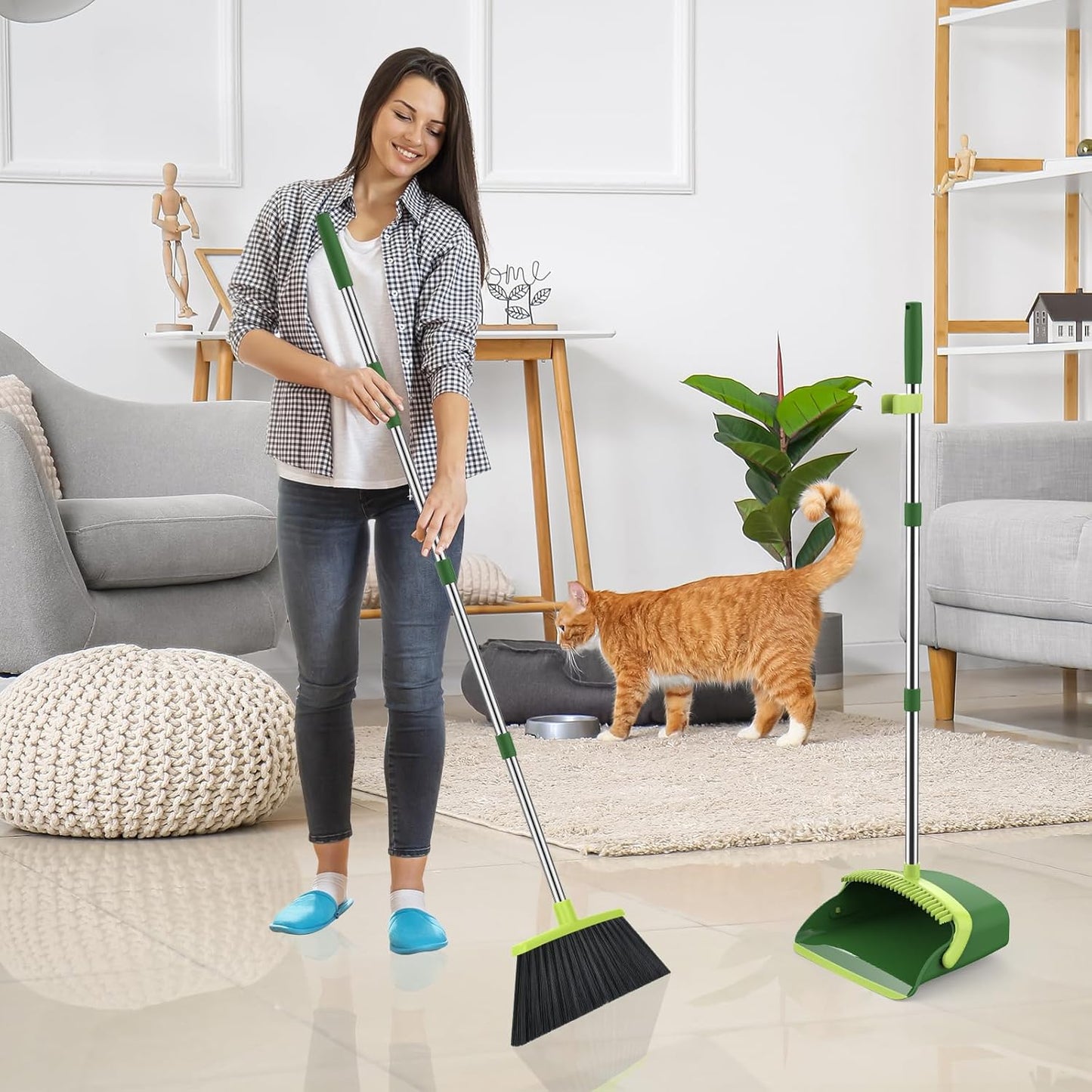NACENA Broom and Dustpan Set, 52-in Long Adjustable Handle Broom Dustpan Combo with Dustpan Teeth to Automatically Clean Hair Suitable for Home Kitchen Office Hall Floor（Black&Red）