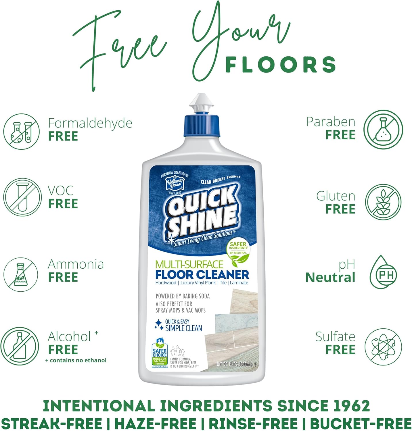 Quick Shine Multi Surface Floor Cleaner 64oz, Ready to Use-Streak Free-No Rinse, Use on Hardwood, Laminate, Luxury Vinyl Plank & Stone, Use in Spray Mops & Vac Mops, Safer Choice Cleaner