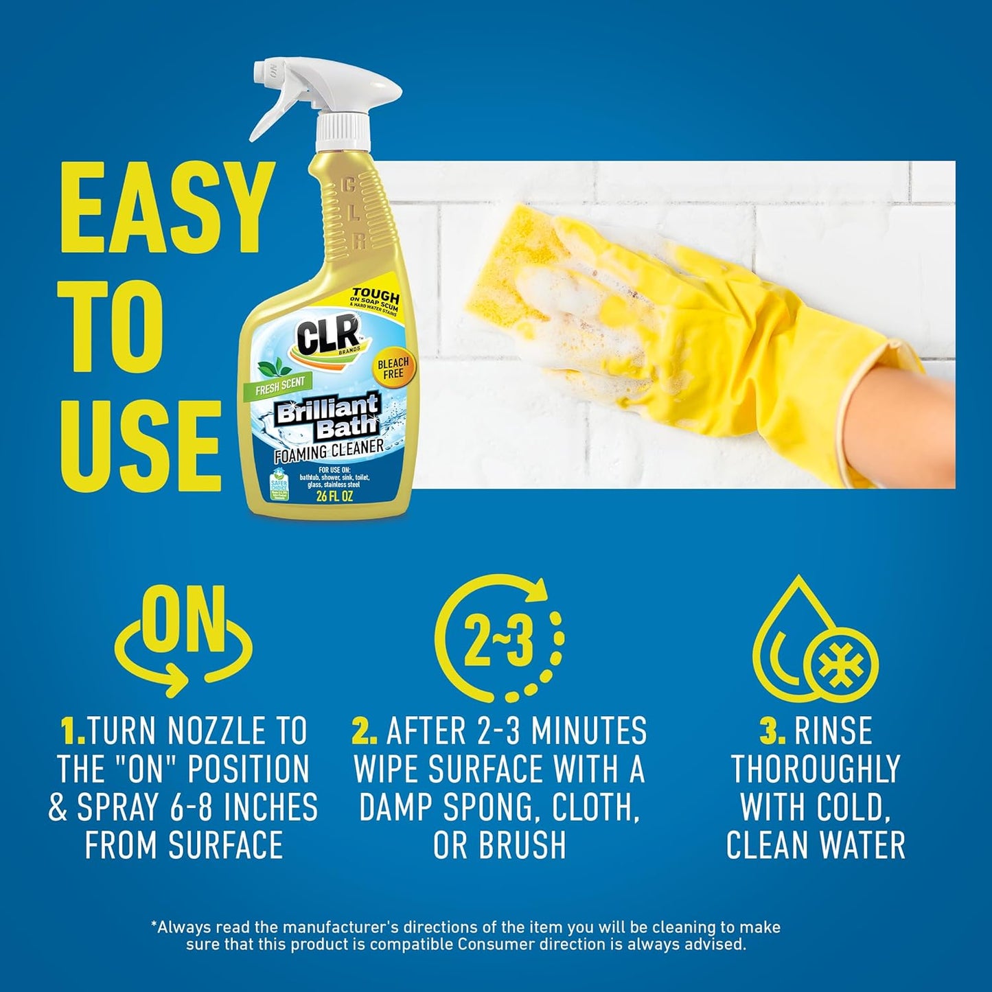 CLR Brilliant Bath Foaming Bathroom Cleaner Spray - For Use On Toilet, Bath, Shower, Sink, Glass, Stainless Steel - Fresh Scent, 26 Fl Ounce Bottle (Pack of 4)