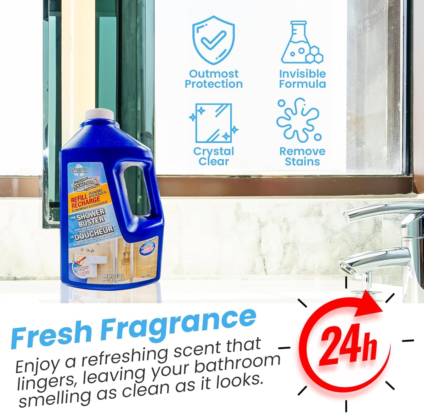 SURF PRO Shower Glass Door Cleaner – Shower Buster Spray for Soap Scum & Hard Water Stains – No Scrub Bathroom Cleaner for Glass, Tile, Chrome, Ceramic, RV and Septic Safe (500ml / 16.9oz)