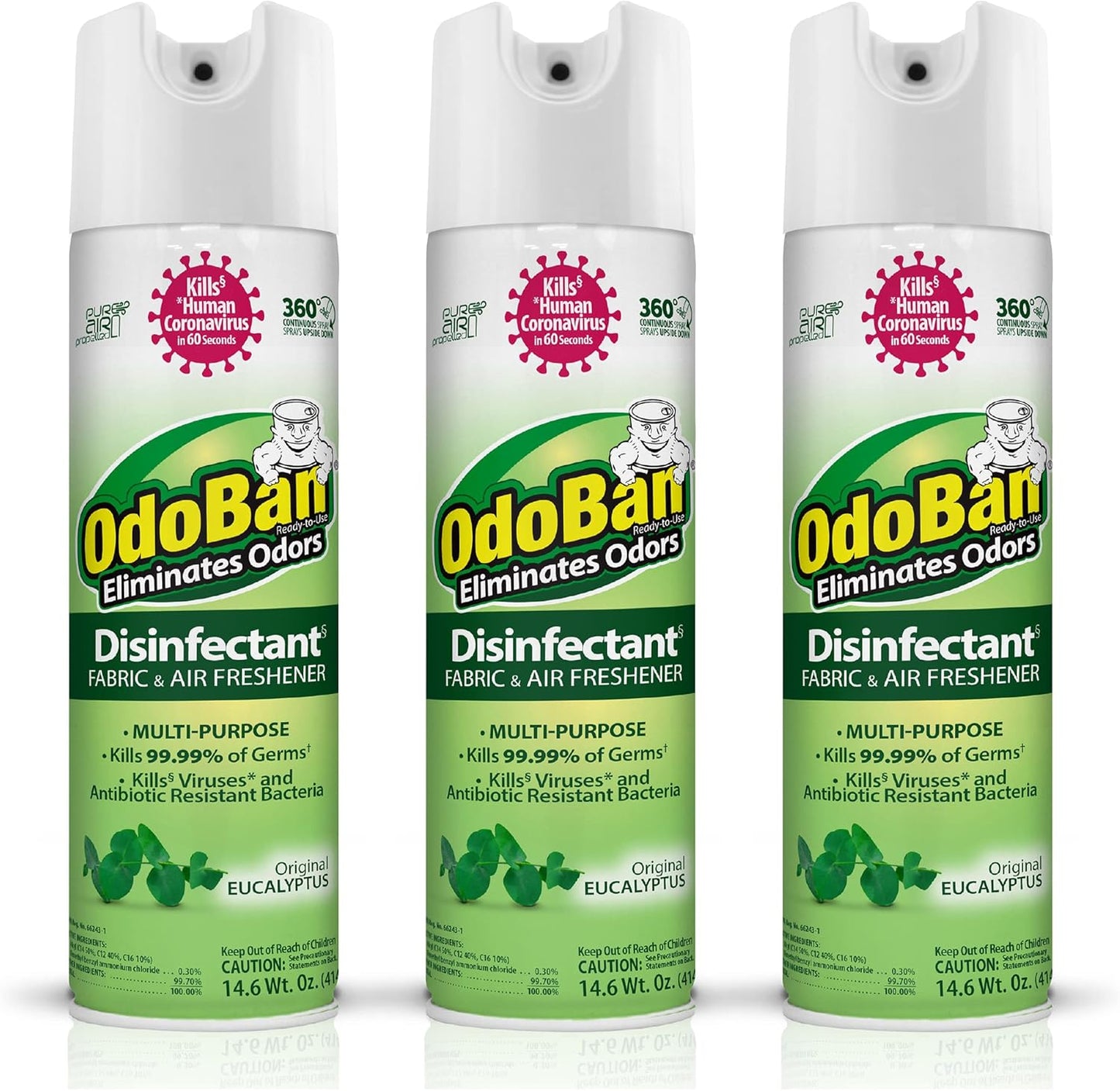 OdoBan Ready-to-Use 360-Degree Continuous Spray Disinfectant & Harsh Aroma Eliminator, Fabric and Air Freshener, Made in the USA, Original Eucalyptus Scent, 14.6 Ounces