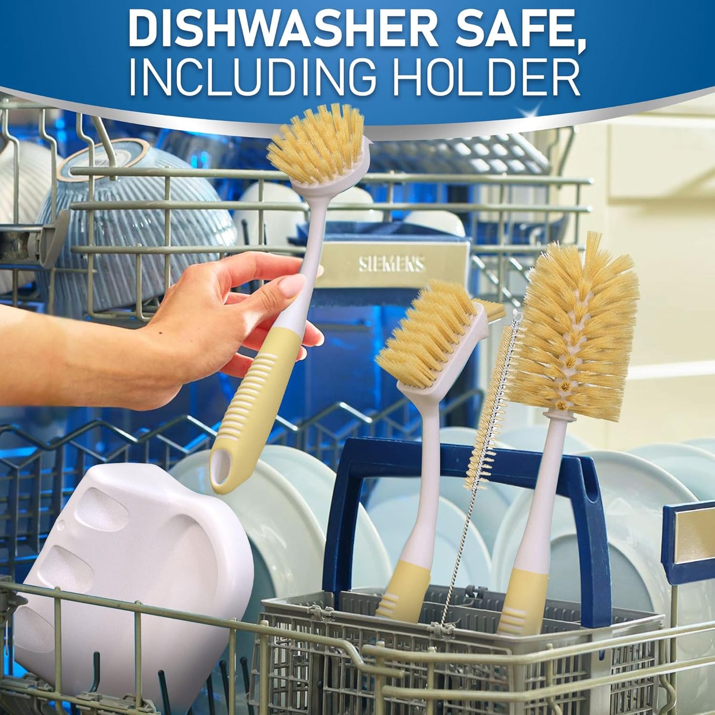 Dish Brush Set of 5 with Holder - Kitchen Scrub Brushes with Non-Slip Long Handle for Cleaning, Scrubber, Dishwashing, Dishes, Bottles, Straws, Cups, Pots & Sink, Black