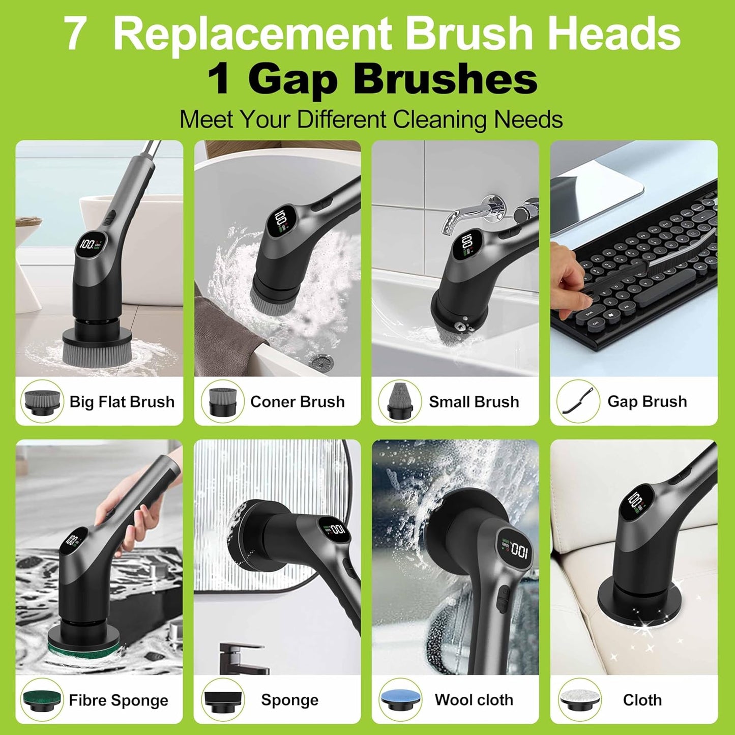 WKY-G3-Electric Spin Scrubber - Upgraded 10-in-1 IPX7 Waterproof Shower Cleaner Brush, Retractable Handle & 2-Speed for Toilet, Bathroom, Bathtub, Tile Floors Black