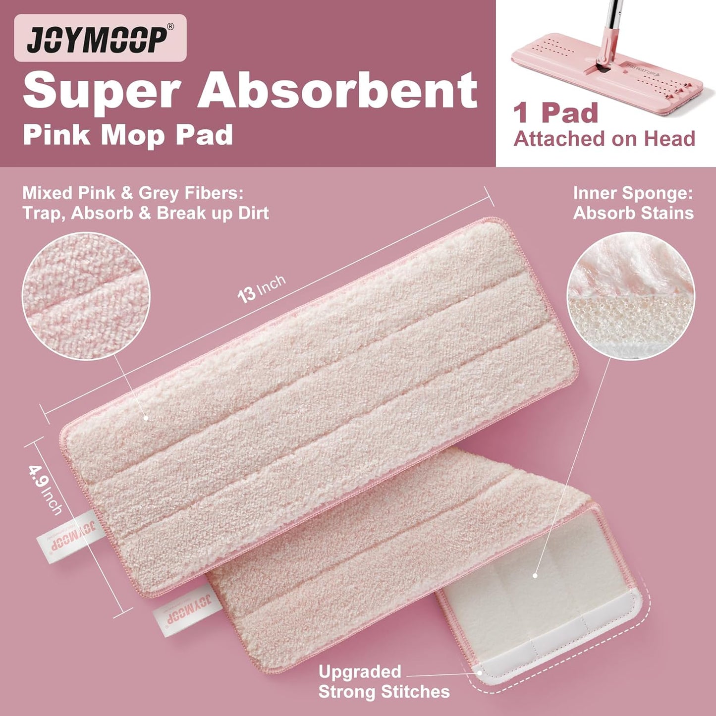 JOYMOOP Flat Mops, Microfiber Mop for Floor Cleaning and Wall Cleaner, 50" Mop Handle with Flexible 13" Flat Head with a Microfiber Mop Pad - White