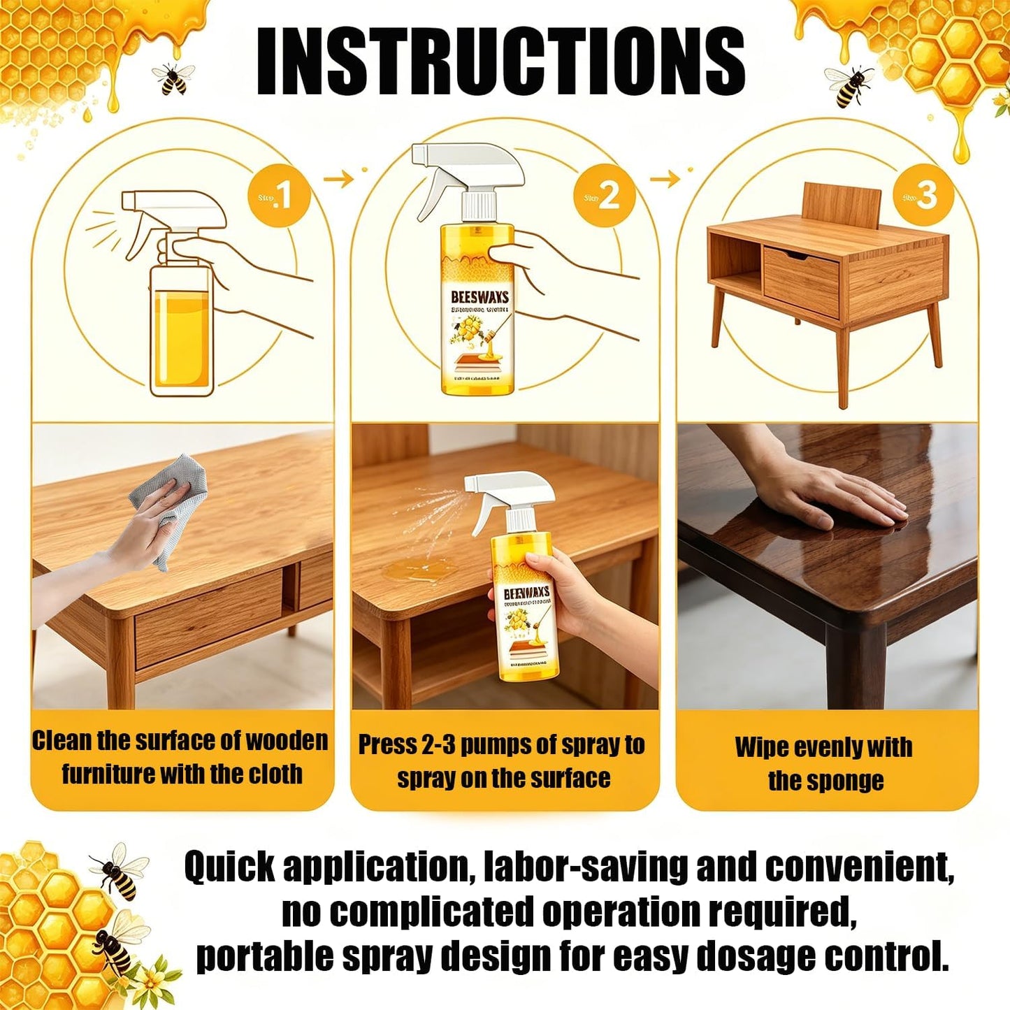 Beeswax Spray Furniture Polish, Wood Cleaner Repairing, Natural Beeswax Care for Living Rooms,Kitchens,Wood Furniture Floors, Restores Shine & Removes Scratches (3PC)