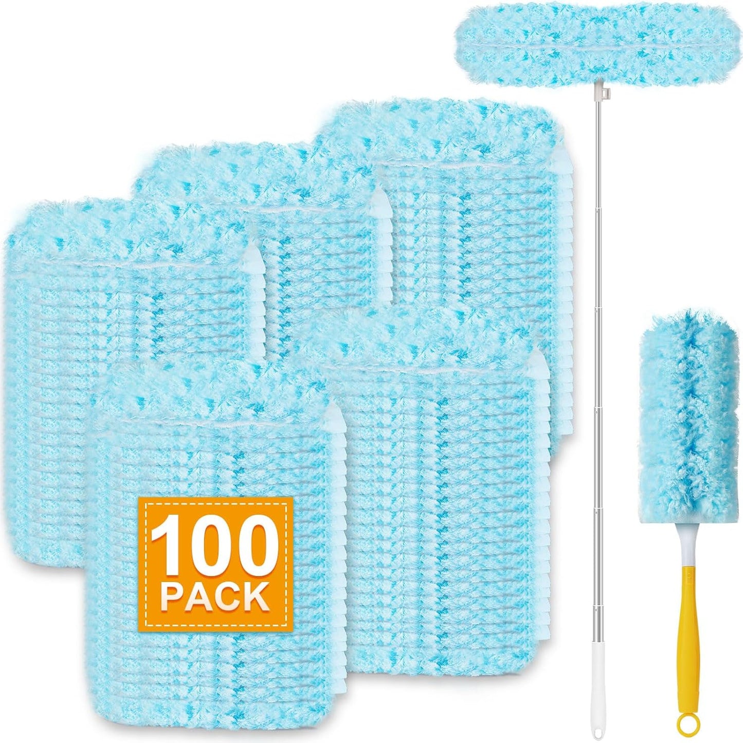 50Pcs Duster Refill Compatible with Swiffer Hand Duster +4FT Extended Handle +1 Handle, 360° Heavy Duty Duster Refills Kit for Cleaning, Office, Ceiling Fan, Baseboard & Blind