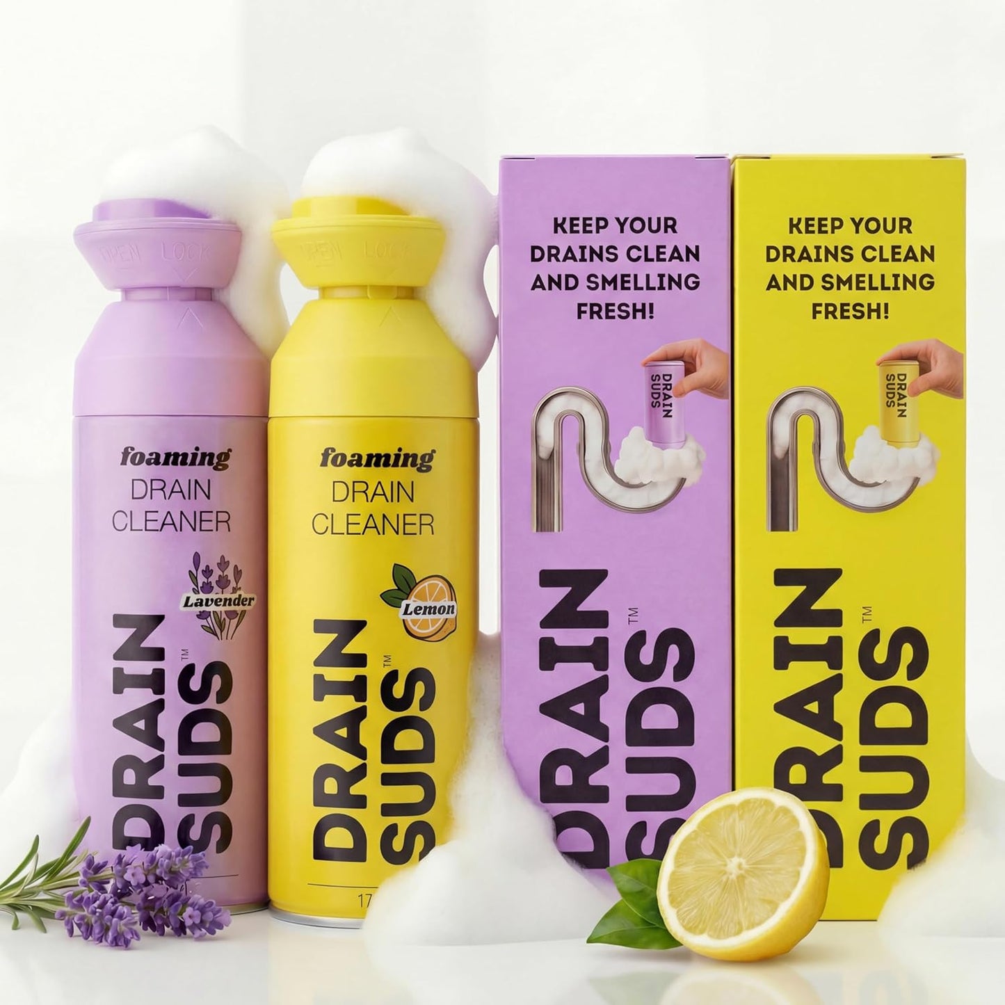 SonicPower Foaming Drain Cleaner, Sink Cleaner and Deodorizer, Drain Clog Remover for Kitchen Sinks, Bathrooms, Shower Drains, Tubs, Washbasin, Clogged Pipe Opener, Lemon and Lavender, 2 Pack