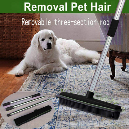 Telescopic Rubber Broom with Squeegee, Multifunction Adjustable Pet Hair Removal Carpet Rake for Fluff Rug Hardwood Floor (Black)