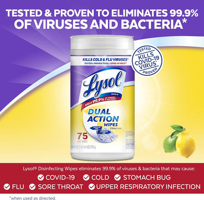 Lysol Dual Action Disinfectant Wipes, Multi-Surface Antibacterial Scrubbing Wipes, For Disinfecting and Cleaning, Citrus Scent, 75ct