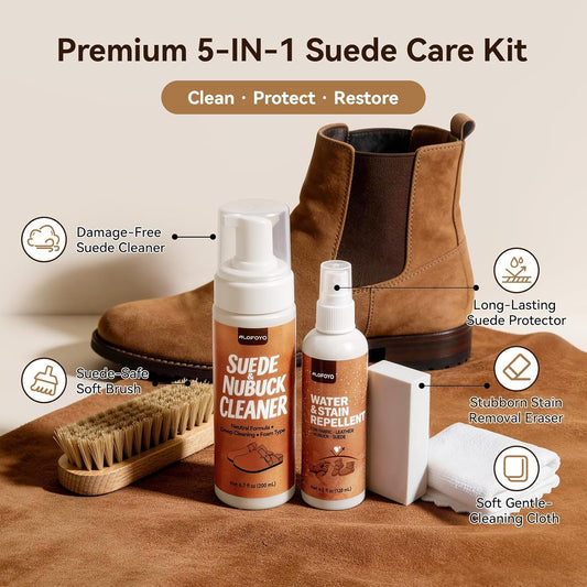 Suede and Nubuck Shoe Cleaner Kit, 5-in-1 Cleaning and Protector Spray with Suede Brush & Eraser, Cloth, Safely Clean, Protect & Restore Shoes, Boots, Uggs, Birkenstock, Jackets, Bags and Car Seats
