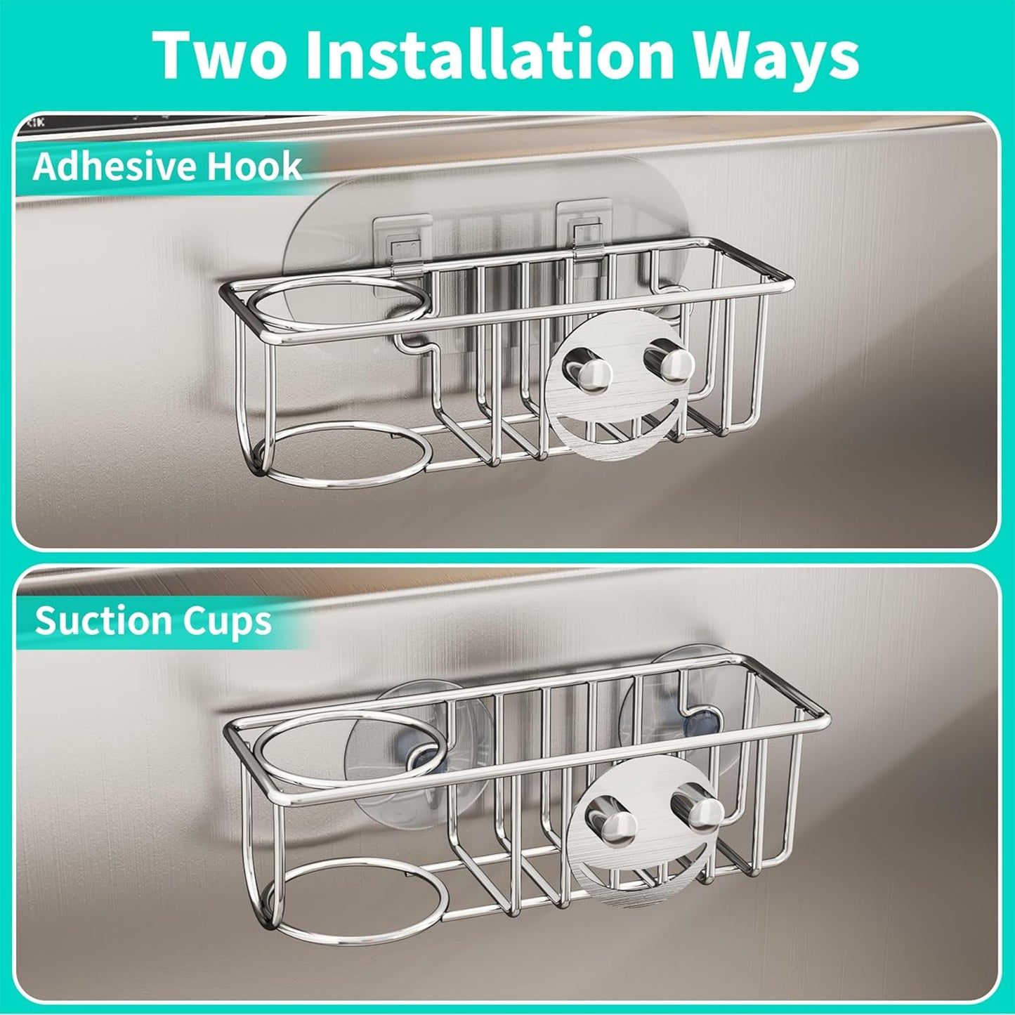 HapiRm 4 in 1 Kitchen Organizers and Storage, SUS304 Stainless Steel Brush Holder + Dish Cloth Hanger + Soap Rack + Sink Stopper Rack, No Drill Kitchen Essentials - Black