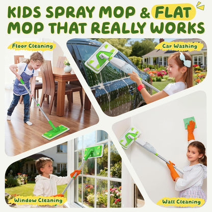 2-Set Toy Mop for Kids - Toddler Real Spray Flat Floor Mop Montessori Cleaning Toy Set, Educational and Fun Gifts for Boys and Girls Ages 4+