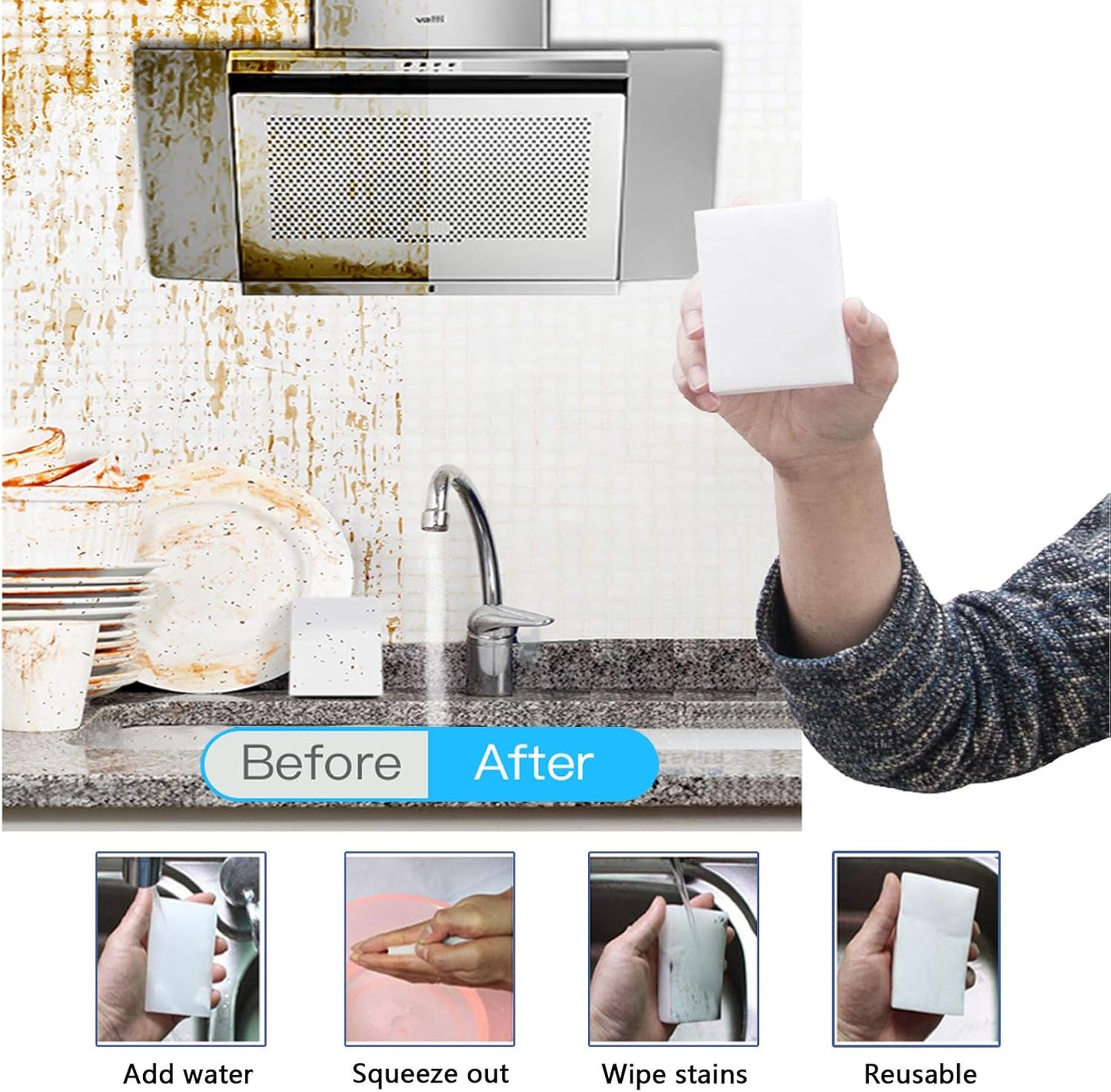 Magic Sponge Eraser, 100 Pack Melamine Foam Bulk Sponge Sheets - Bathroom, Oven, Shower, Glass, Dishes, Stove Top, Kitchen Sinks, Bathtub, Wall Tile, Baseboard Cleaner - White, Not Easily Rip