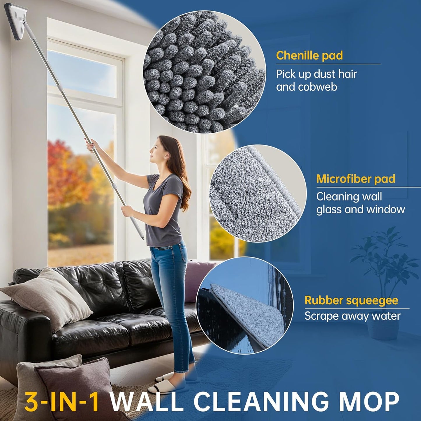 Wall Cleaner Mop with Long Handle, Wall Duster with Extension Pole, 3-in-1 Wall Cleaner, Dust Mop with 5 Reusable Pads