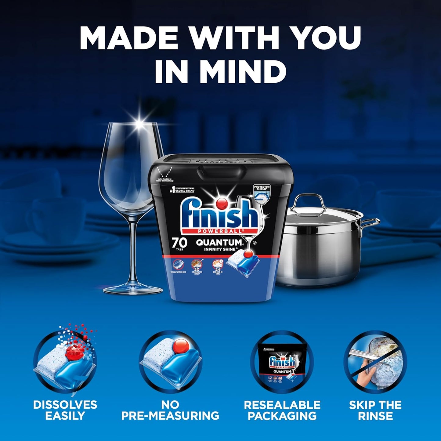 Finish Quantum Dishwasher Pods, No Pre-Rinse Dishwasher Detergent Soap Removes 24HR Dried-On Stain and Grease, Leaving a Virtually Spotless Shine, 82 Count