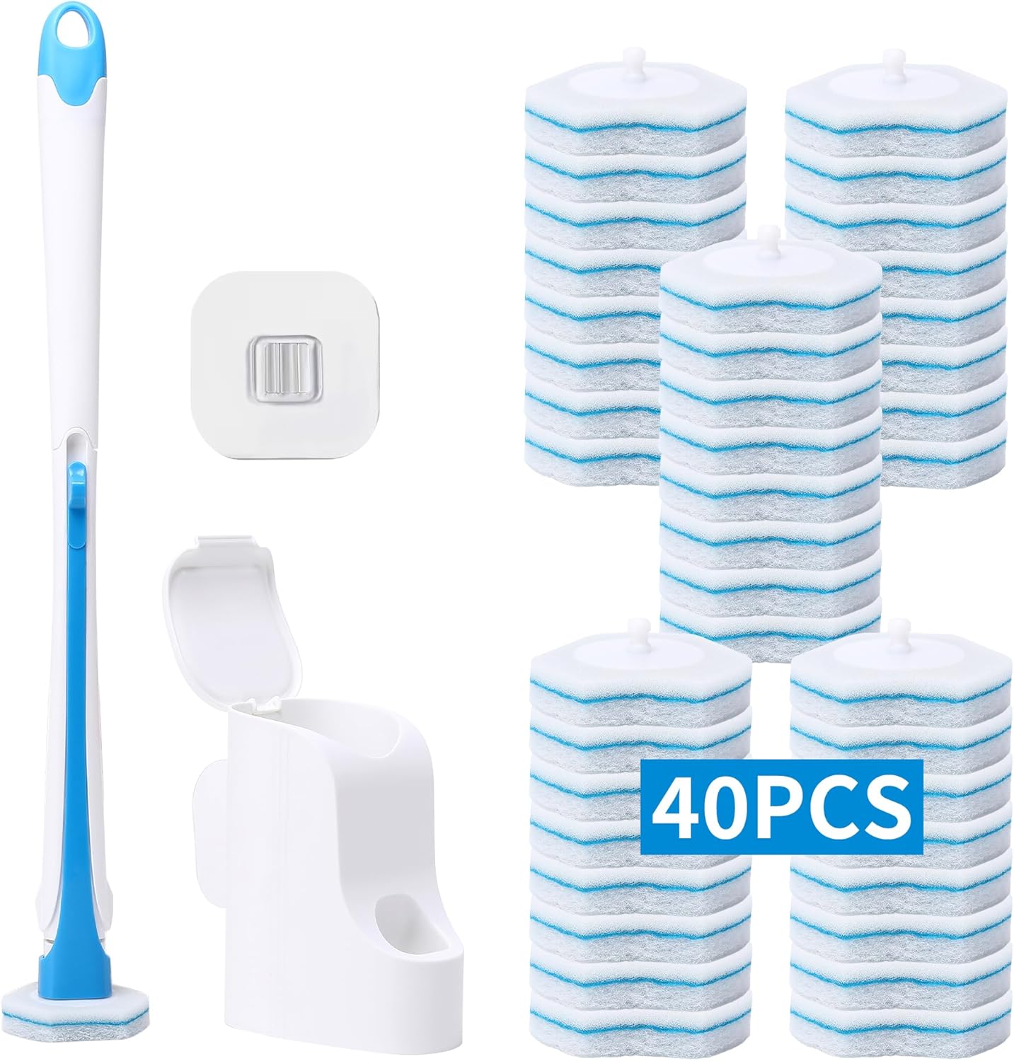 Disposable Toilet Brush with 40PCS Refills, Wall Mounted Compact Bathroom Bowl Wand Cleaning System Long Handle with Storage Caddy