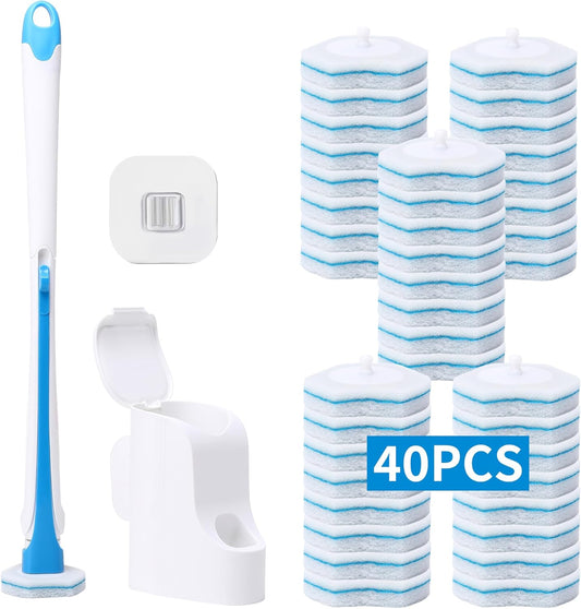 Disposable Toilet Brush with 40PCS Refills, Wall Mounted Compact Bathroom Bowl Wand Cleaning System Long Handle with Storage Caddy