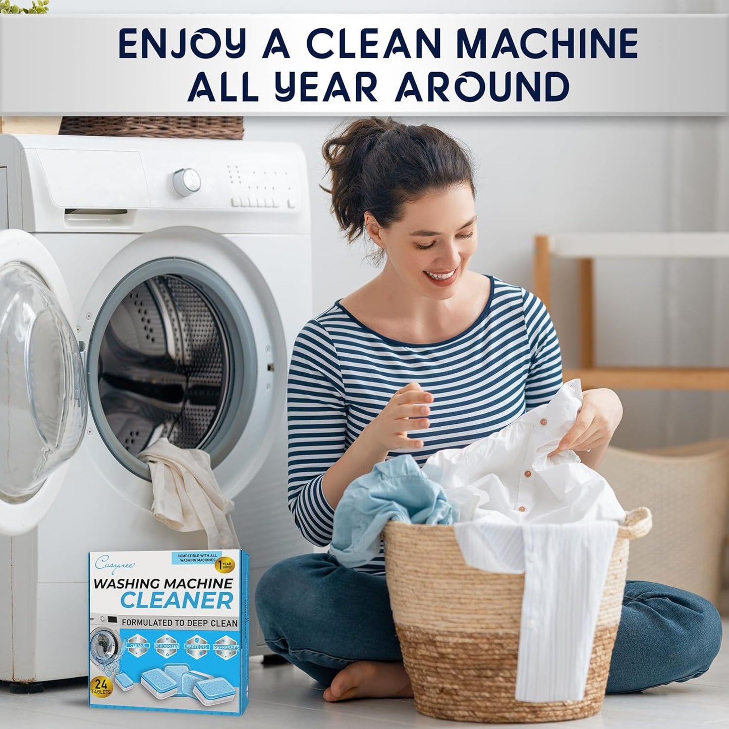 24 Washer Cleaner Tablets – Deep Cleans & Deodorizes All Washers, Removes Grime & Odor, Powerful Descaling Formula, Eco-Friendly, 1-Year Supply, Septic Safe