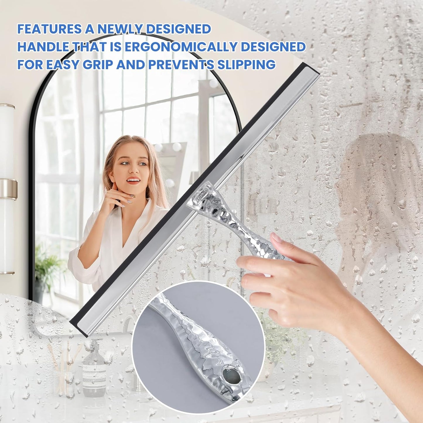 Shower Squeegee for Glass Doors, Bathroom Squeegee for Shower, Mini Window Squeegee, Home Bathroom Silicone Cleaner Tool, Suitable for Bathroom, Kitchen, Tile, Mirror, Car Glass, 8in Rose Pink