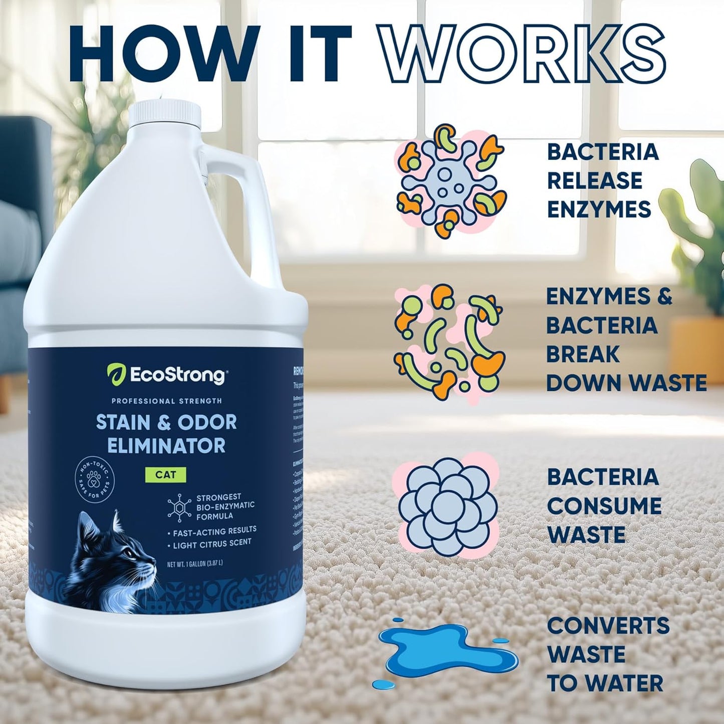 Eco Strong Cat Stain And Odor Remover | Enzyme Urine Odor Neutralizer - Stain Remover for Carpet, Litter Boxes, Bedding, and Laundry [Citrus Scent, 32 oz. Spray]