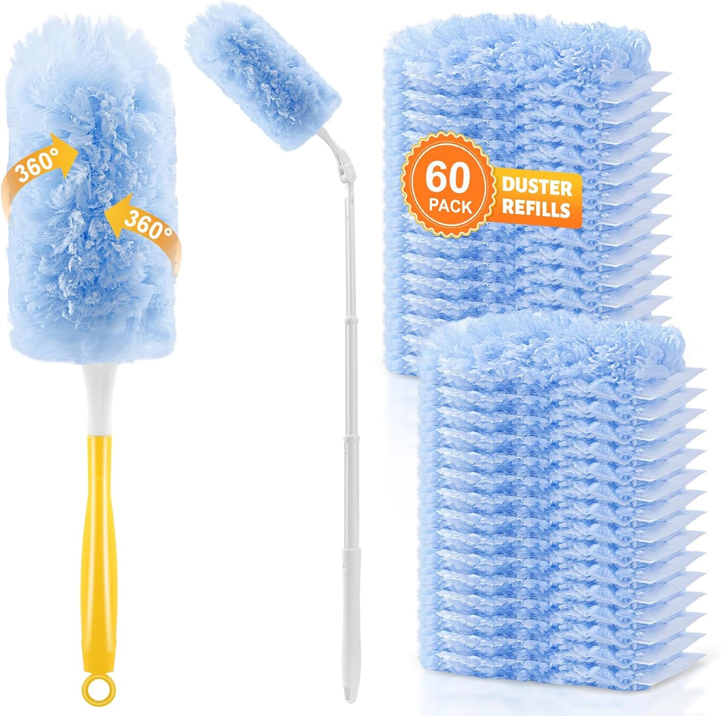 30-Pack Heavy Duty Duster Refills Compatible with Swiffer, 3FT Extendable Handle, 5X Multi-Surface Microfiber Duster for Home, Fans, Blinds, Vents & Car Cleaning