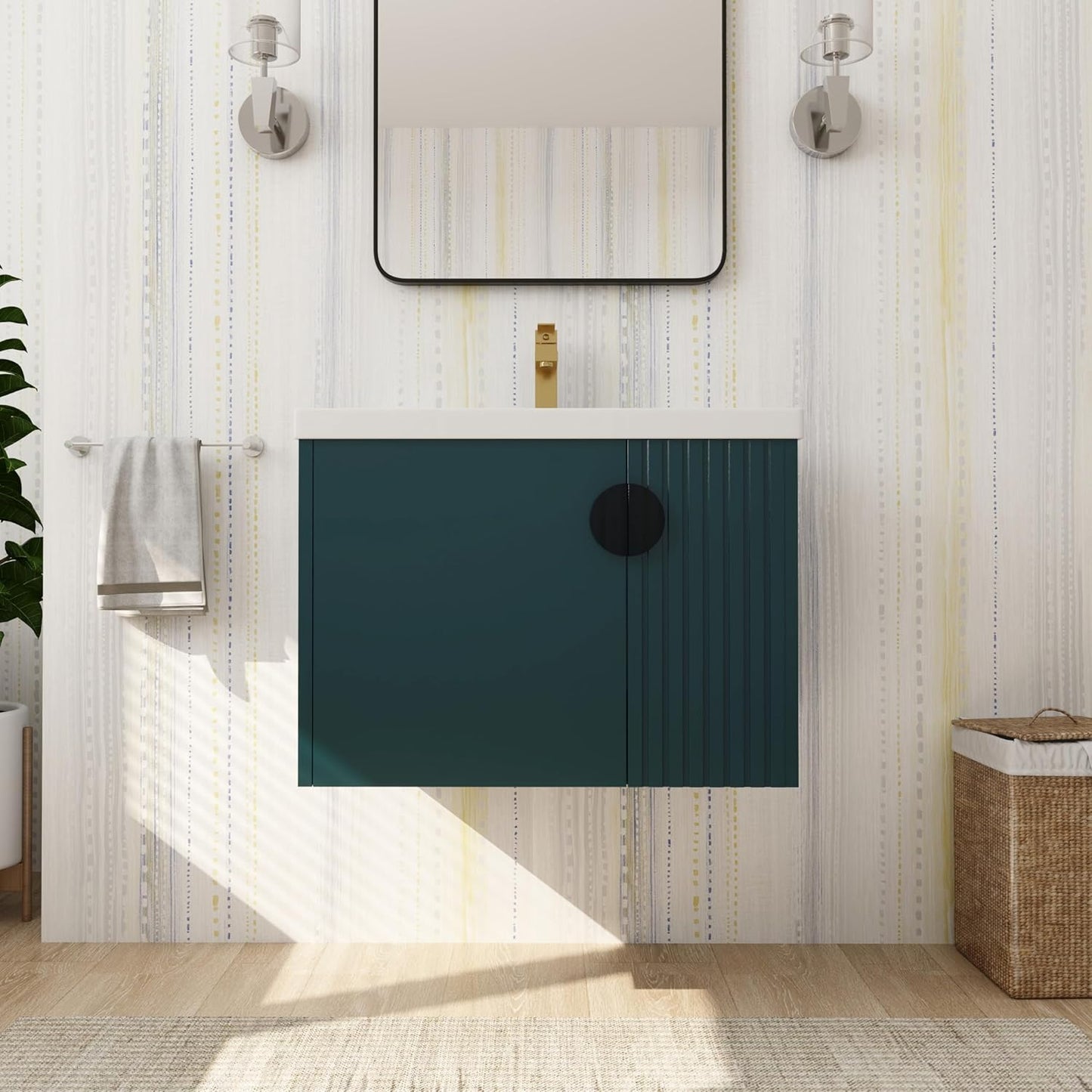 SSLine Modern 24-Inch Bathroom Vanity with Sink Wall Mounted Bathroom Vanity with Top Basin & Storage Cabinet White Wood Floating Vanity w/Ceramic Sink & Gold/Black Handles for Small Space