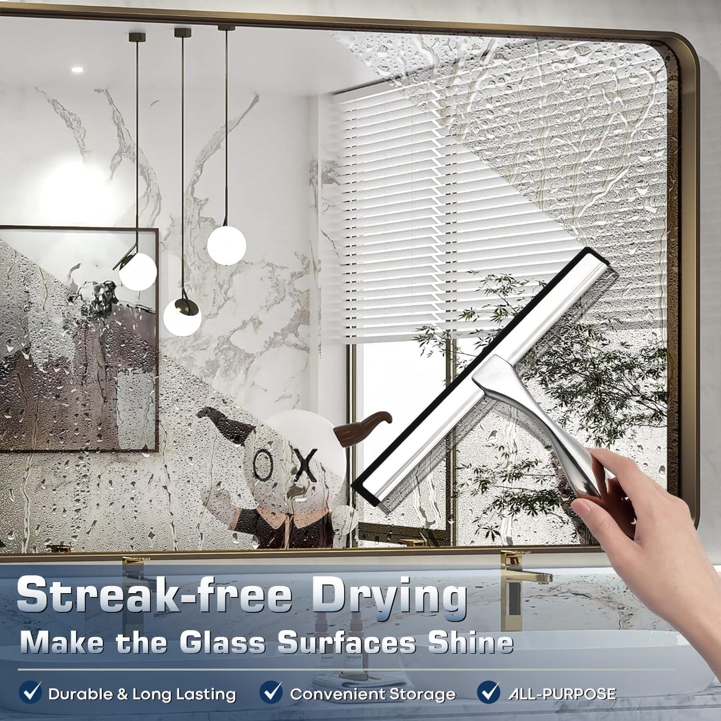Stainless Steel Shower Squeegee for Glass, Includes 3 Adhesive Hooks, Shower Door Squeegee for Bathroom, Household Window, Car Windshield, Mirrors, Tiles Scrubber Clear, 12 inch Black