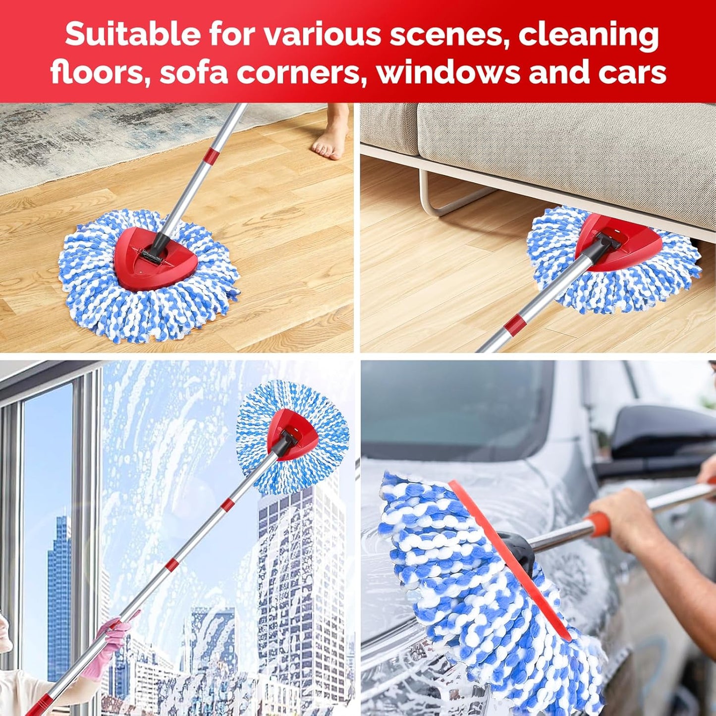 O-Cedar Spin Mop Head, Base, Handle Replacement for EasyWring 1 Tank System, 4 Microfiber Mop Refills, 1 Base and 30-58in Handle Set Combo, White